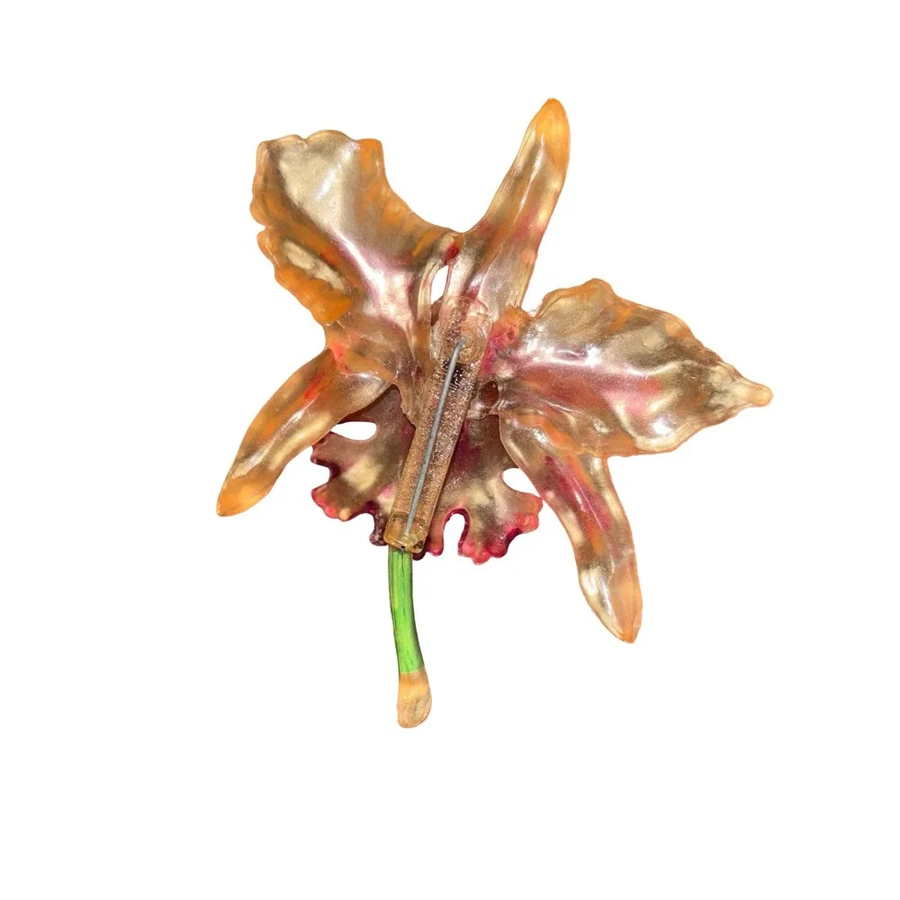 Vintage Pink Resin Orchid Flower Brooch Pearlescent Botanical Pin Accessory